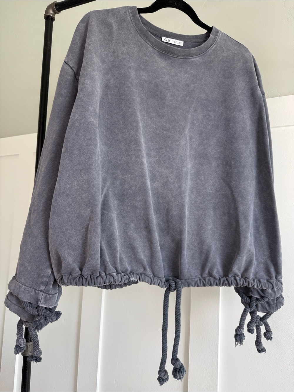 Zara Washed Slate Gray Drawstring-Hem Crewneck Sweatshirt